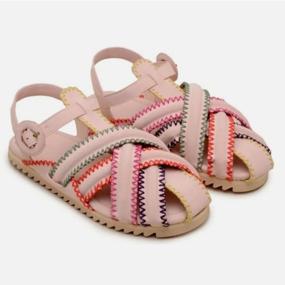 Farm Rio Zigzag‎ Stitch Vegan Leather Cross Strappy Sandals 9 Light Pink